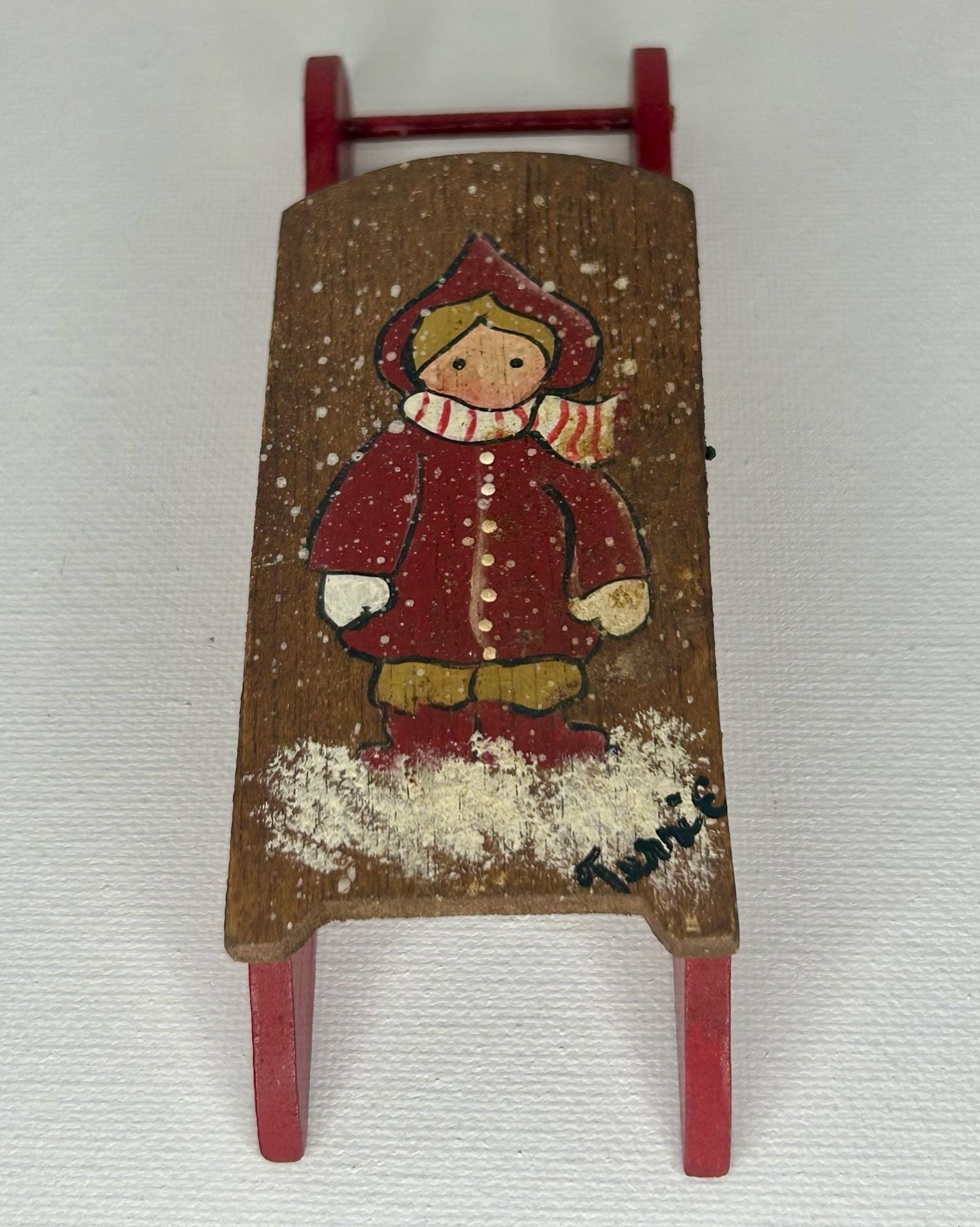 Hand Painted Wooden Sled Christmas Decor Signed Terrie 1