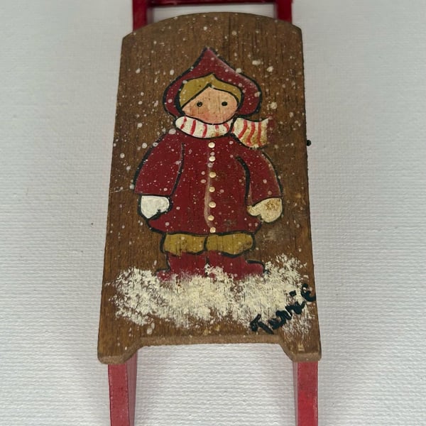 Hand Painted Wooden Sled Christmas Decor Signed Terrie