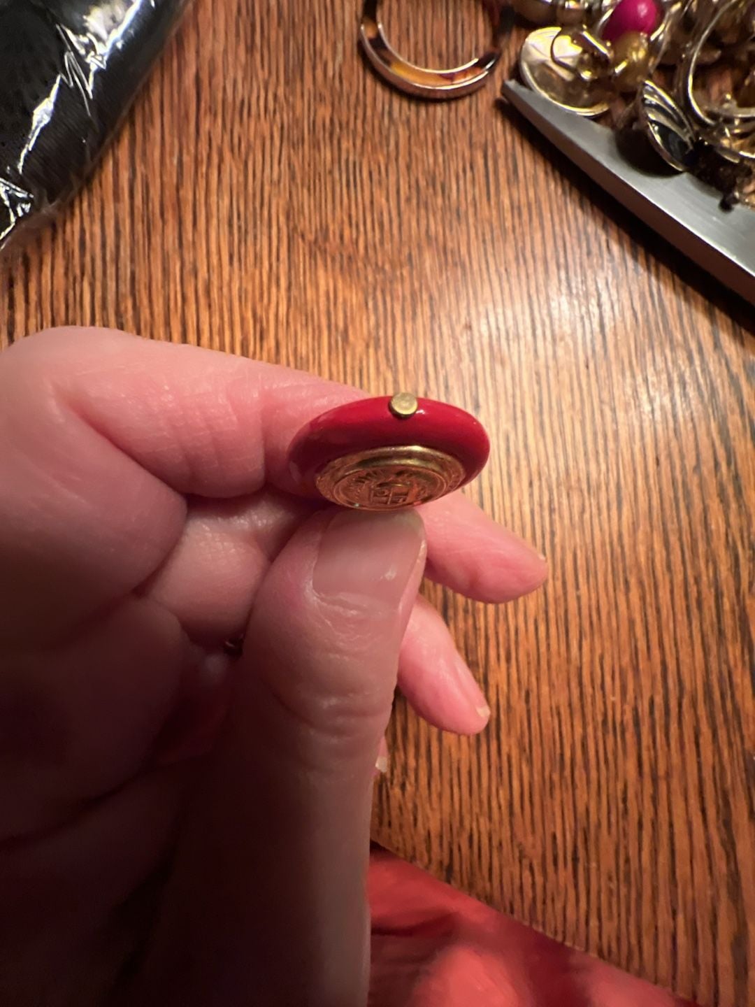 Liz Claiborne Red and Gold Crest Dangle Earrings 4