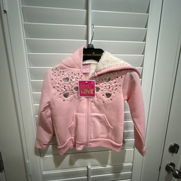 Real Love Sequin Heart Zip-Up Hoodie Size 2T Pink Sherpa Lined