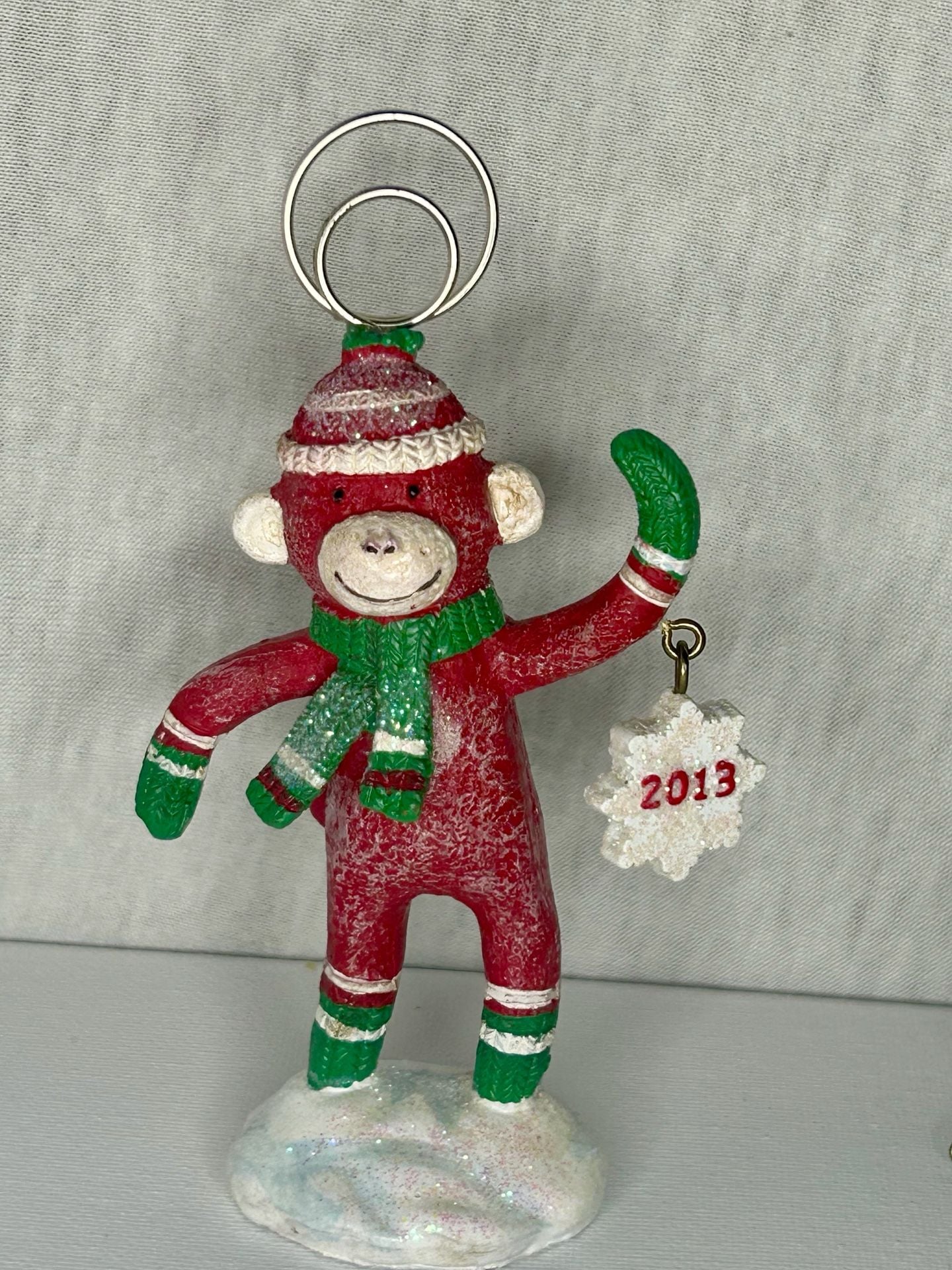 Cracker Barrel Sock Monkey 2013 Christmas Place Card Holder Ornament 1