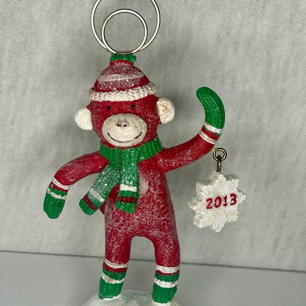 Cracker Barrel Sock Monkey 2013 Christmas Place Card Holder Ornament