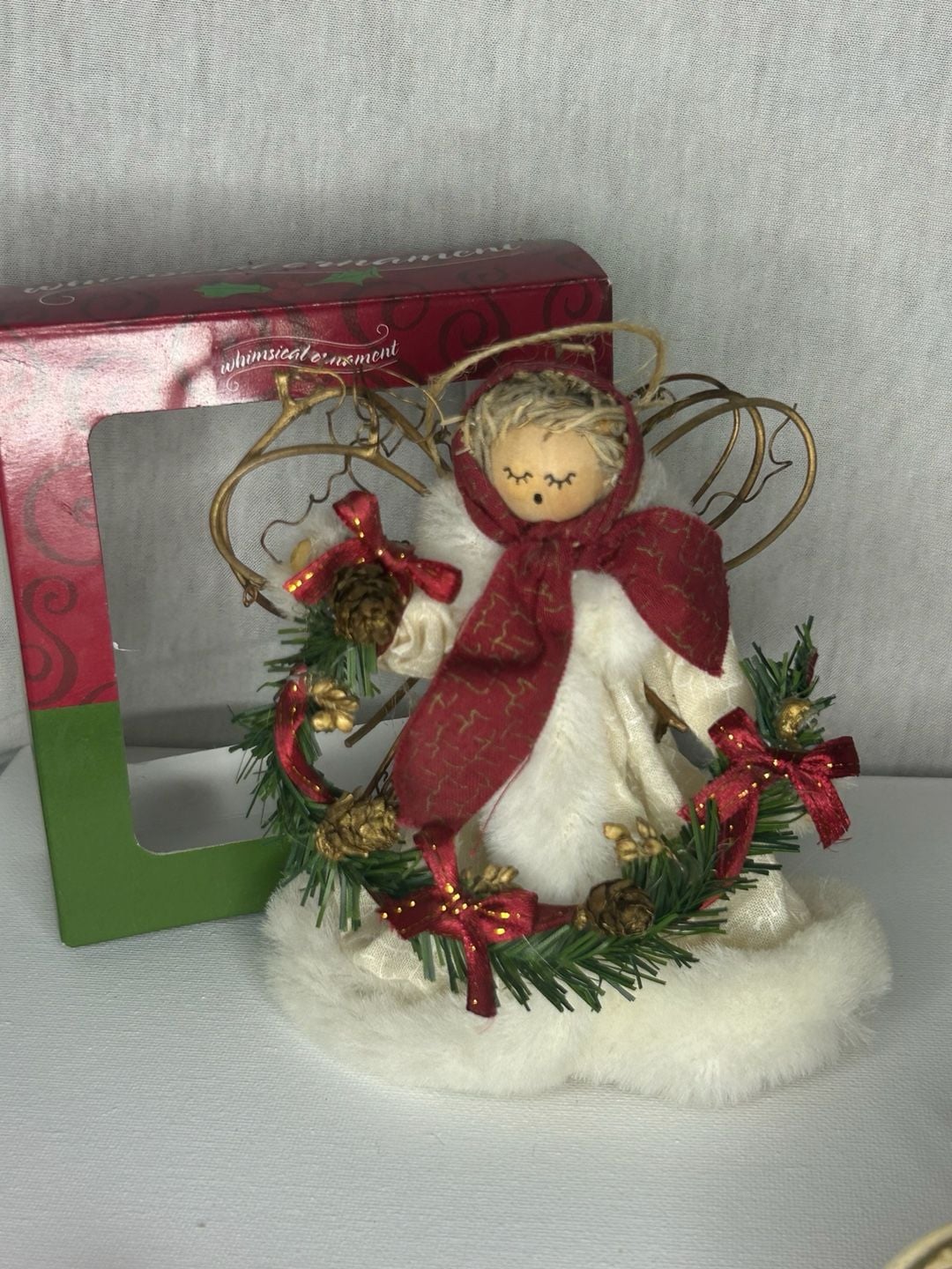 Whimsical Ornament Christmas Angel Figurine With Pinecone Wreath 1