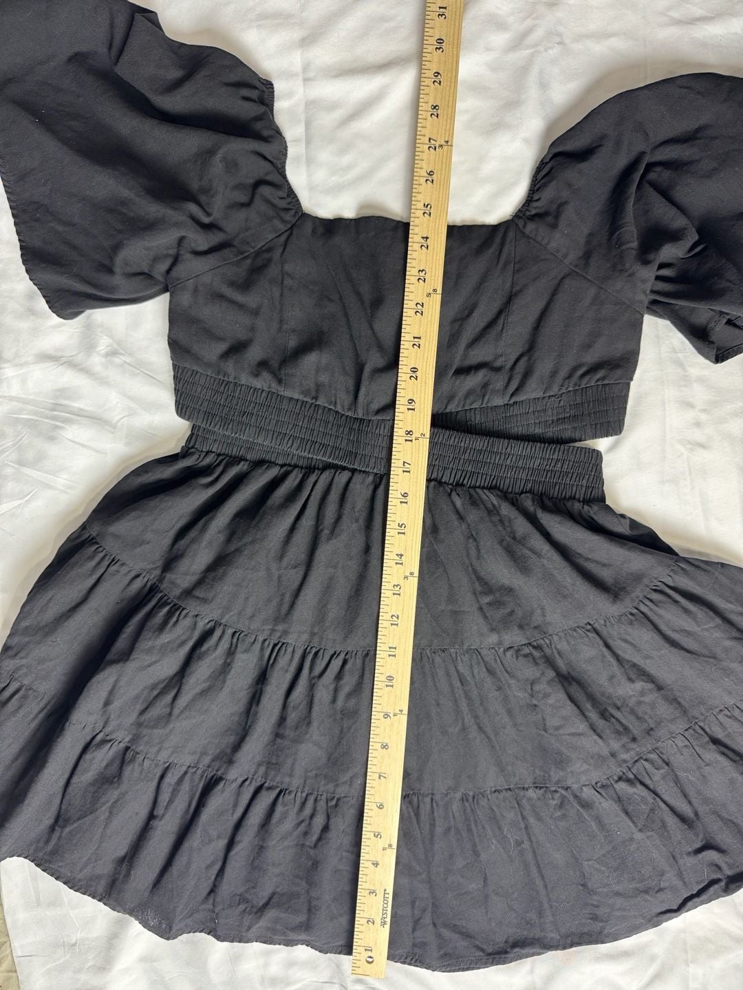 Shy Velvet Cutout Dress Size M Black Tiered Puff Sleeve Mini 10