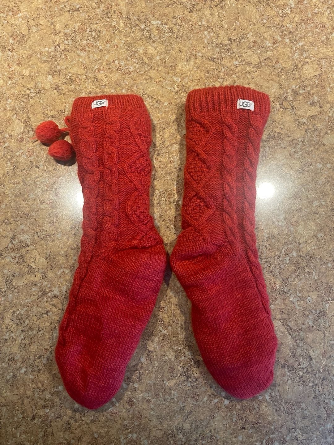 UGG Pom Pom Fleece Lined Crew Sock Size 9-11 Poppy Red Comfy 3