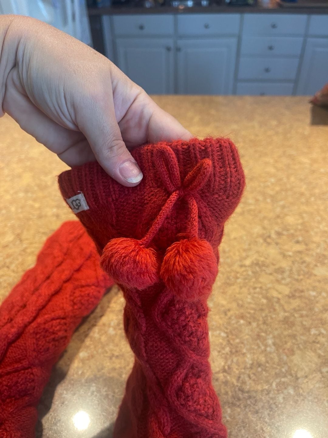 UGG Pom Pom Fleece Lined Crew Sock Size 9-11 Poppy Red Comfy 6