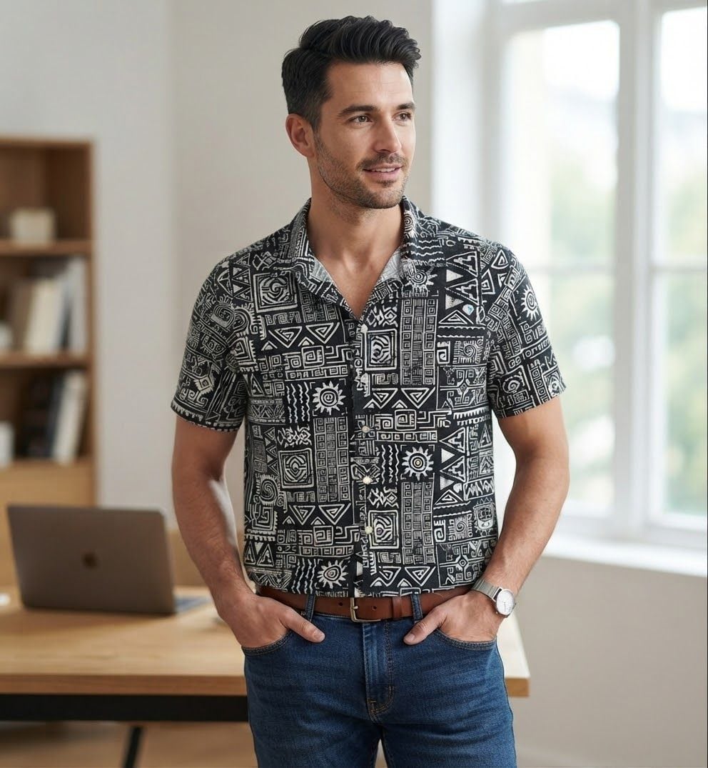 Folk Machu Shirt Size S Black Aztec Linen Blend Short Sleeve 3