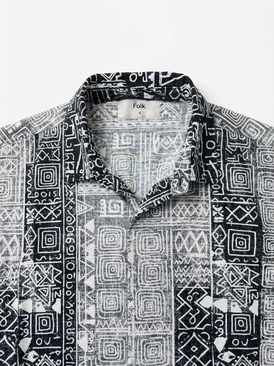 Folk Machu Shirt Size S Black Aztec Linen Blend Short Sleeve 2