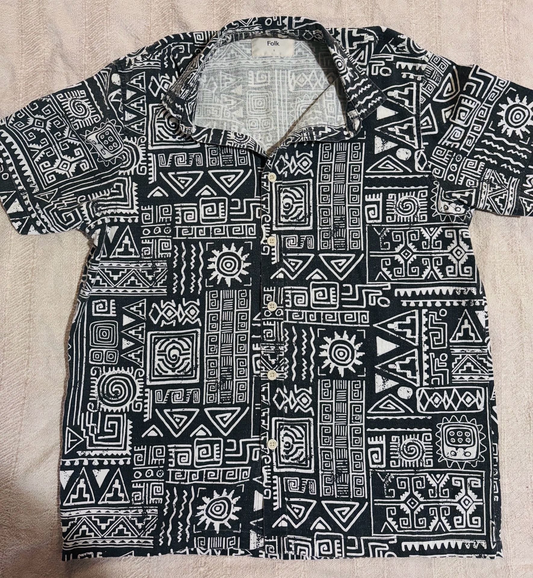 Folk Machu Shirt Size S Black Aztec Linen Blend Short Sleeve 4