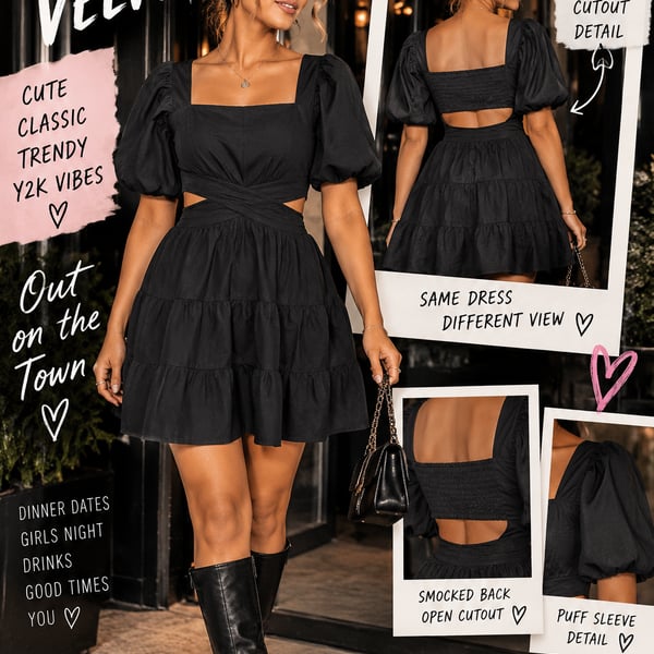 Shy Velvet Cutout Dress Size M Black Tiered Puff Sleeve Mini
