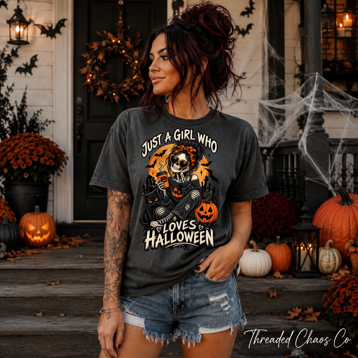 Threaded Chaos Co Just A Girl Who Loves Halloween T-Shirt Dark Grey 2