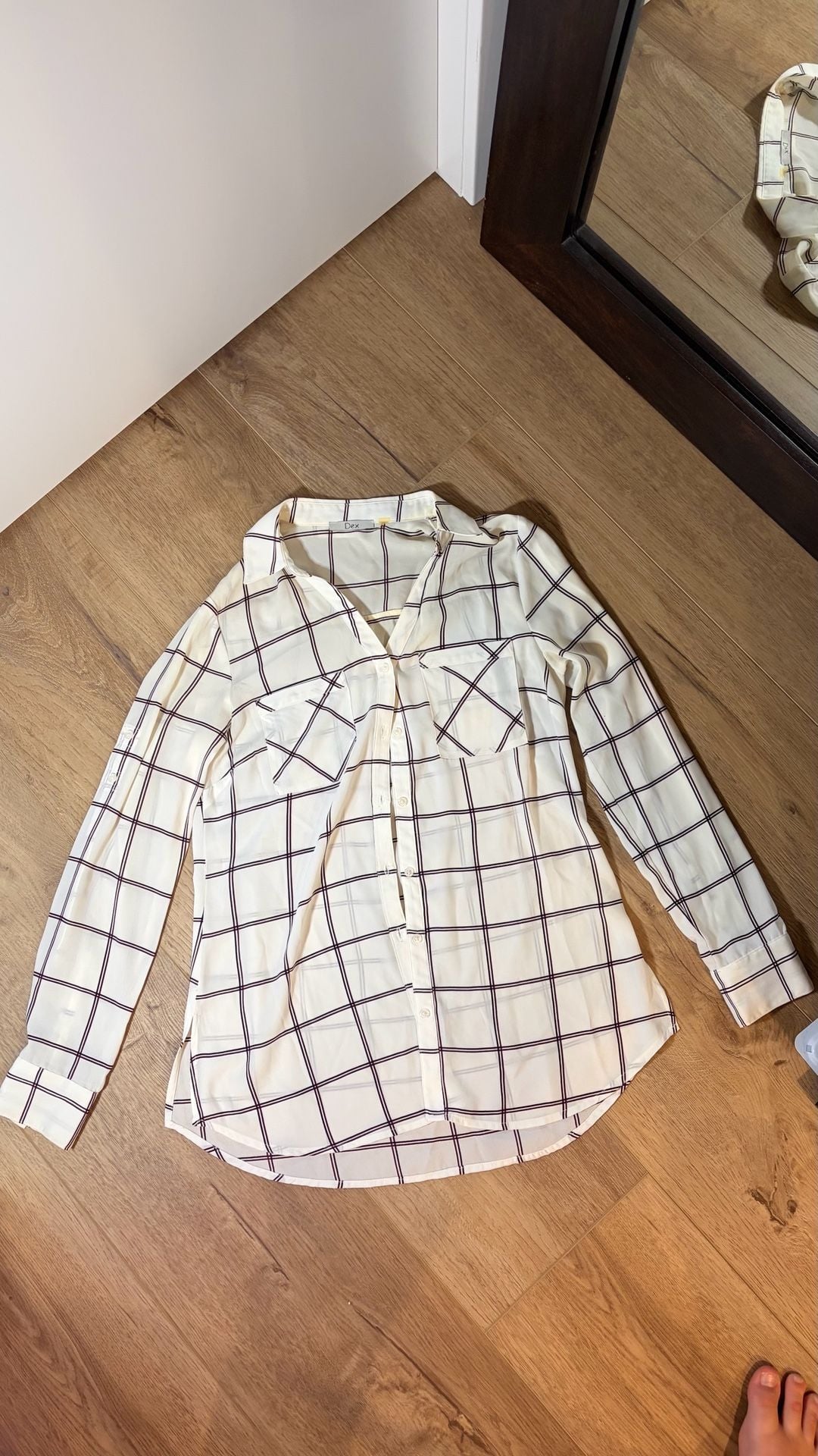 Dex Button Down Shirt Plaid Sheer White Ivory Navy Size S 2
