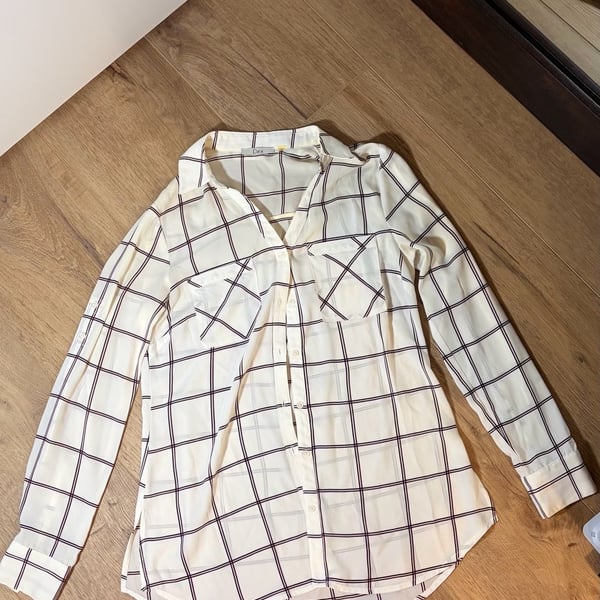 Dex Button Down Shirt Plaid Sheer White Ivory Navy Size S