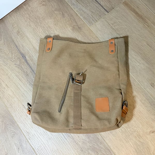 Unbranded Canvas Convertible Backpack Tote Crossbody Bag Brown
