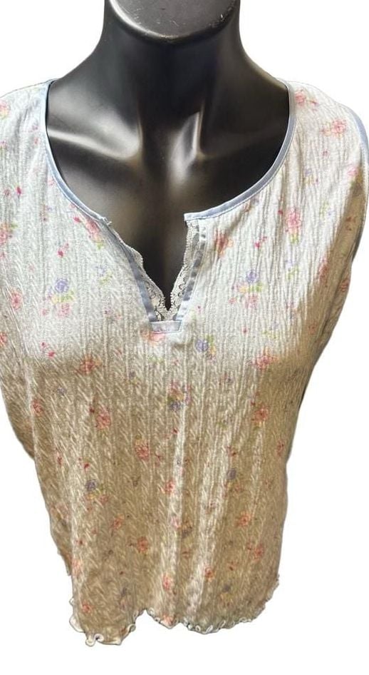 Miss Elaine Floral Print Sleeveless Nightgown Blue Seersucker 1