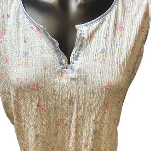 Miss Elaine Floral Print Sleeveless Nightgown Blue Seersucker