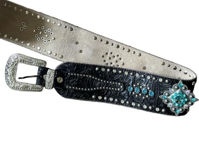 BHW Rhinestone Turquoise Western Belt Size ML Black Tooled Leather 1