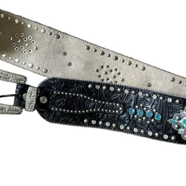 BHW Rhinestone Turquoise Western Belt Size ML Black Tooled Leather