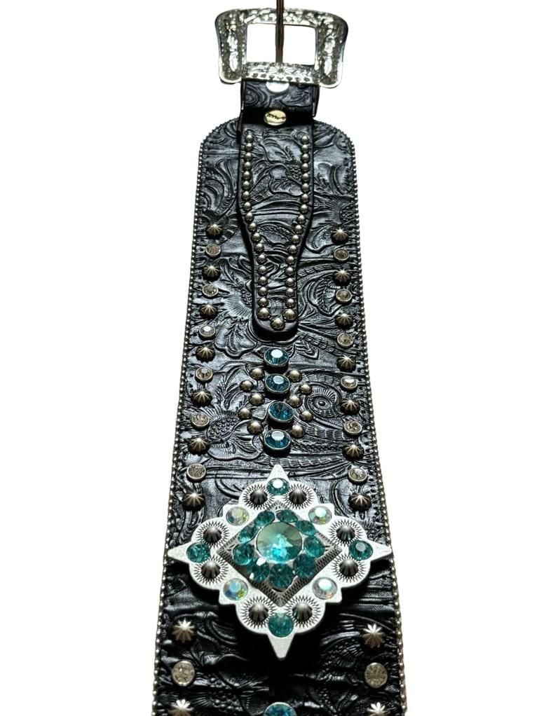 BHW Rhinestone Turquoise Western Belt Size ML Black Tooled Leather 2