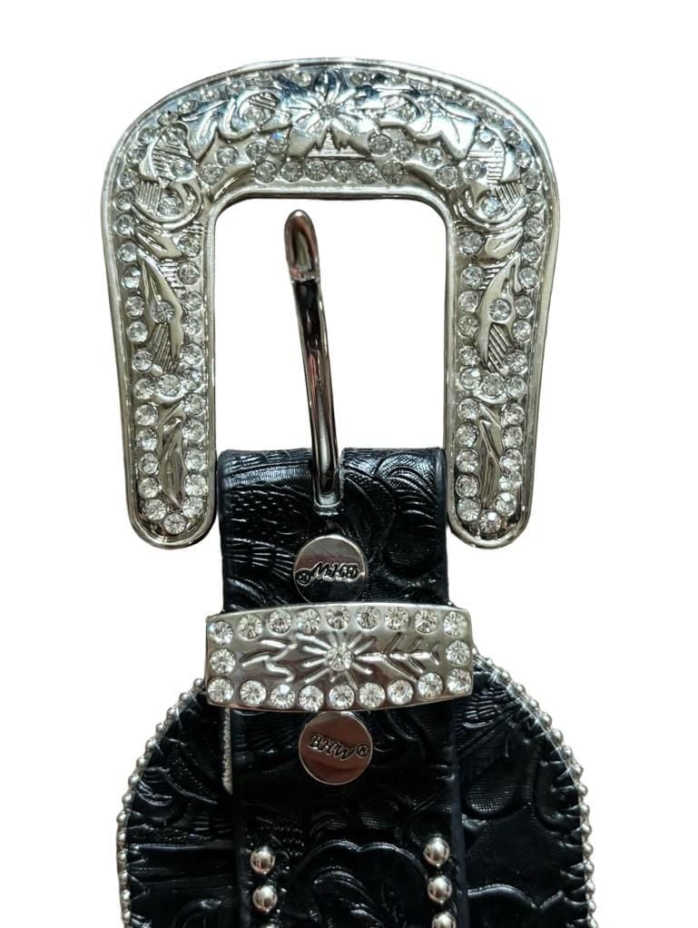 BHW Rhinestone Turquoise Western Belt Size ML Black Tooled Leather 4