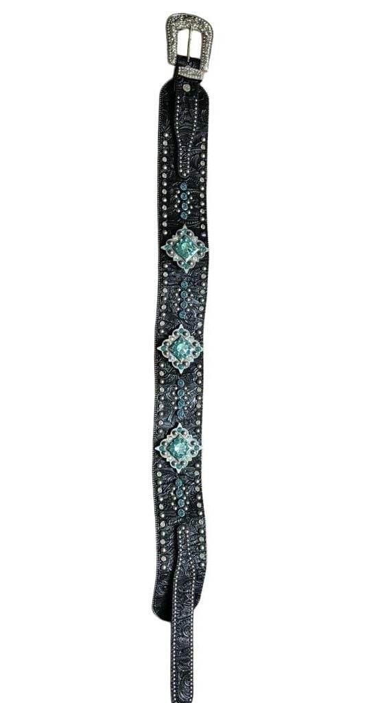 BHW Rhinestone Turquoise Western Belt Size ML Black Tooled Leather 3