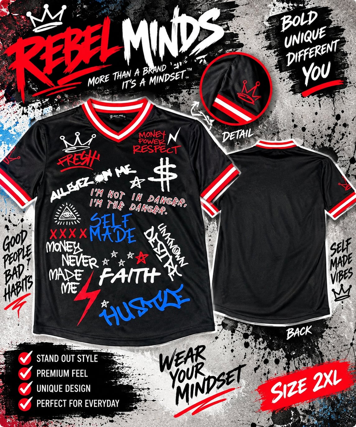 Rebel Minds Graffiti T-Shirt Size 2XL Black Short Sleeve Tee 2
