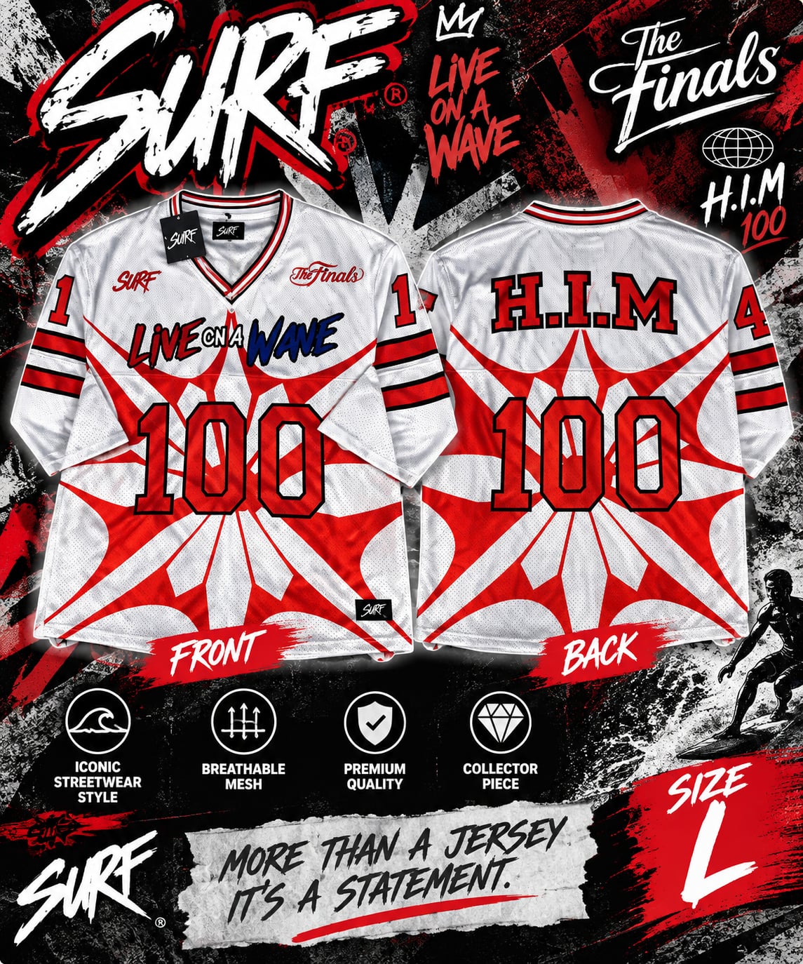 SURF Hockey Jersey Size L White Red Graphic Mesh 2