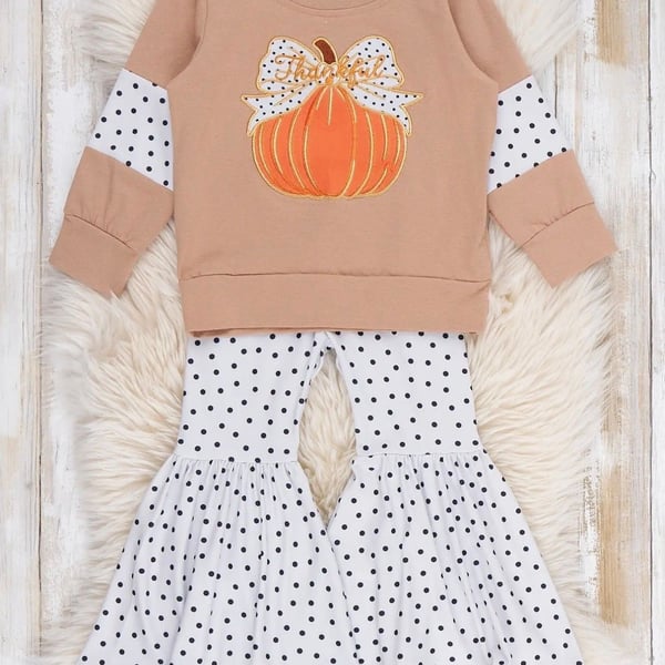 Polka Dot &  Pumpkin Outfit Tan Embroidered Sweatshirt Set