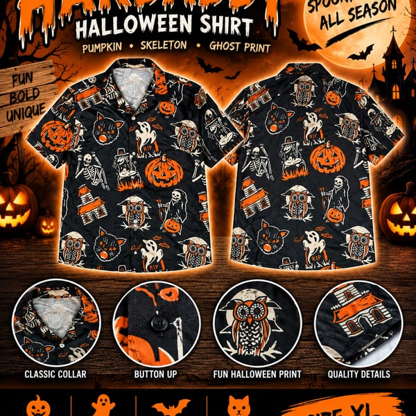 Hardaddy Halloween Shirt Size XL Black Pumpkin Skeleton Ghost Print