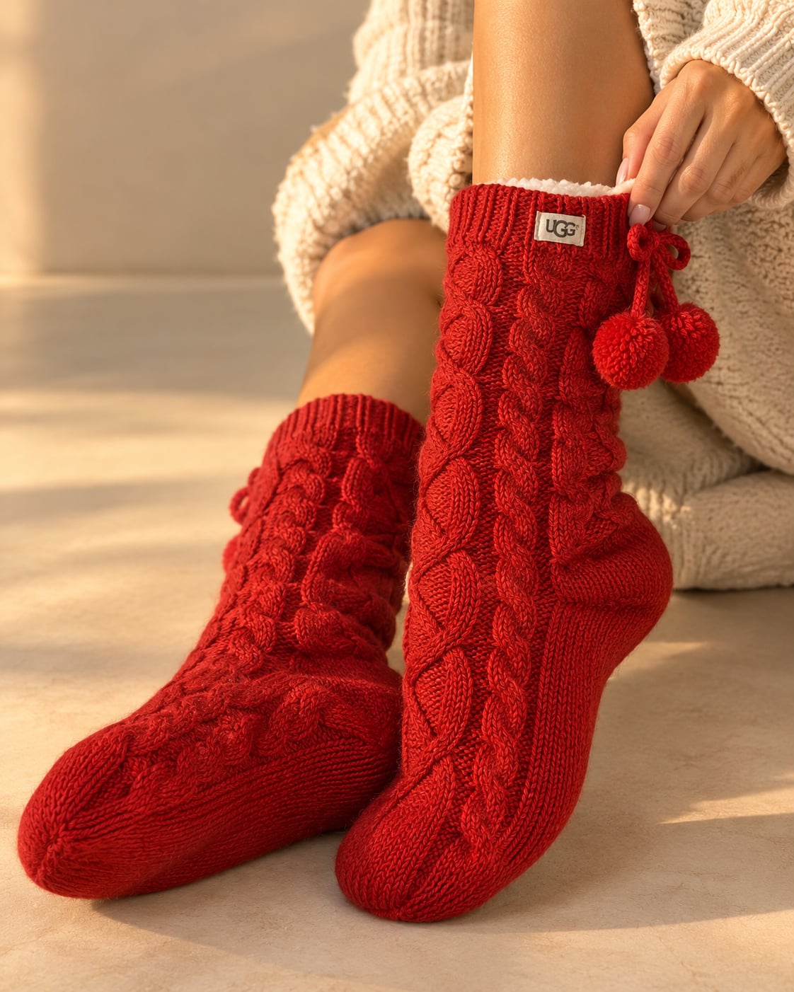 UGG Pom Pom Fleece Lined Crew Sock Size 9-11 Poppy Red Comfy 2