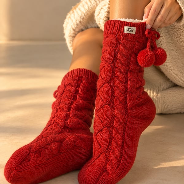 UGG Pom Pom Fleece Lined Crew Sock Size 9-11 Poppy Red Comfy