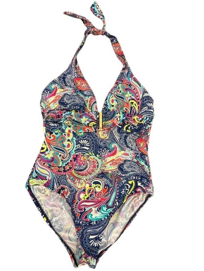 Liz Claiborne Paisley & Floral Print One Piece Halter Swimsuit Ruched 2