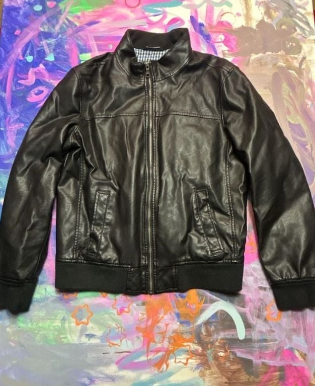 Tommy Hilfiger Faux Leather Bomber Jacket Size M Black Gingham Lined 2
