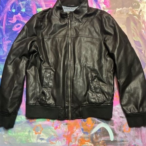Tommy Hilfiger Faux Leather Bomber Jacket Size M Black Gingham Lined