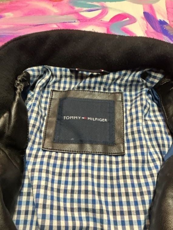 Tommy Hilfiger Faux Leather Bomber Jacket Size M Black Gingham Lined 4