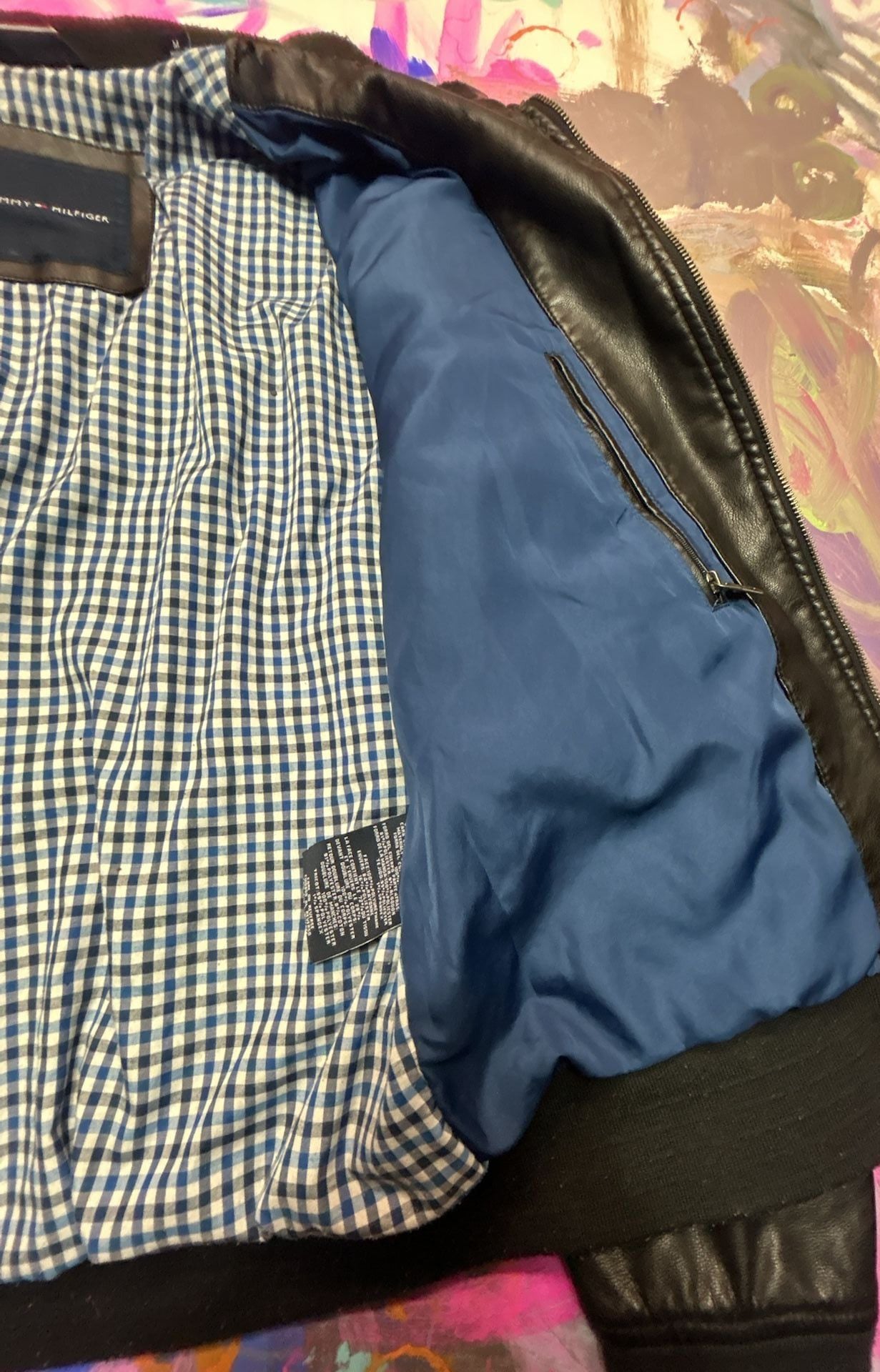 Tommy Hilfiger Faux Leather Bomber Jacket Size M Black Gingham Lined 7