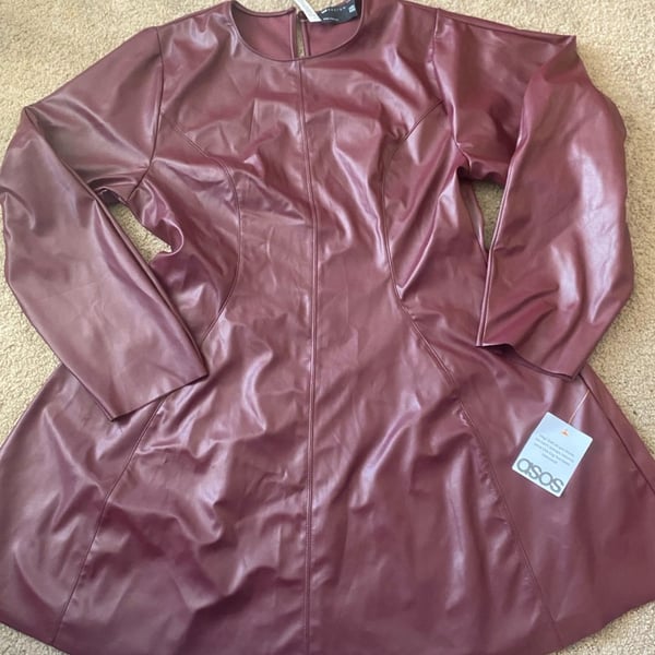 Asos Design Faux Leather Mini Dress Size US 12 Burgundy Red