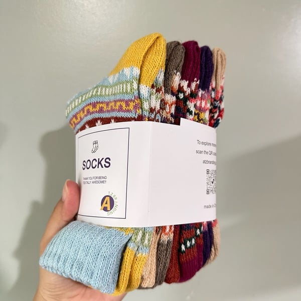 TZB Branding Vintage Pattern Winter Thermal Wool Crew Socks 5-Pack
