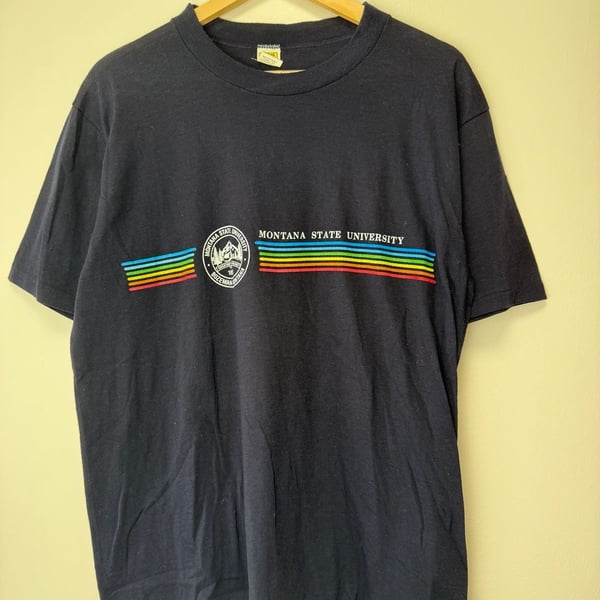 Velva Sheen Montana State University T-Shirt Size XL Navy Blue Rainbow Graphic