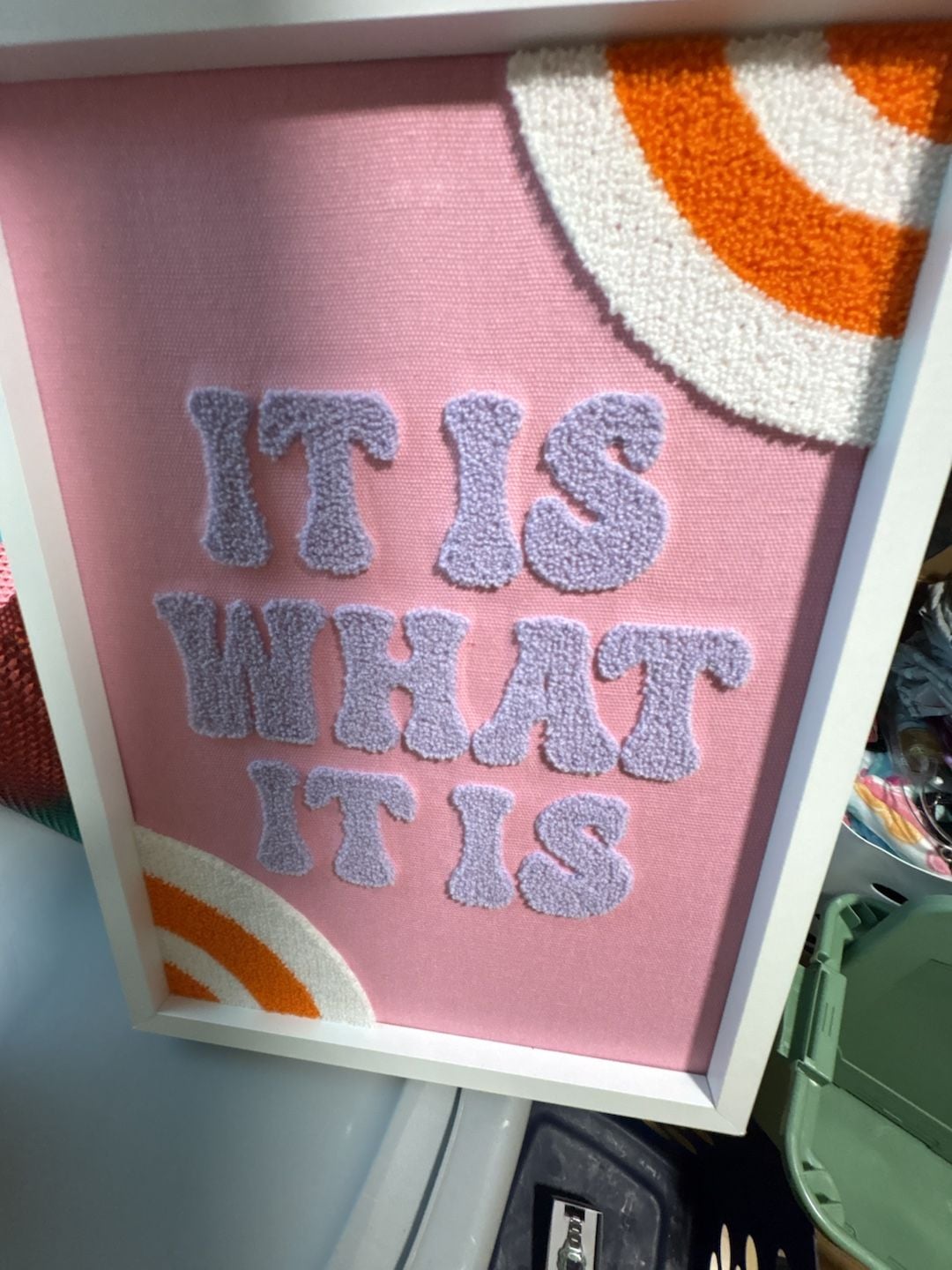 It Is What It Is Punch Needle Wall Art Decor Pink White 2