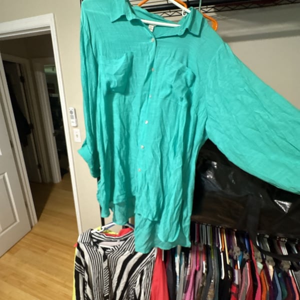 Cato Blouse 22/24W Teal Green Button Down Top Gauze