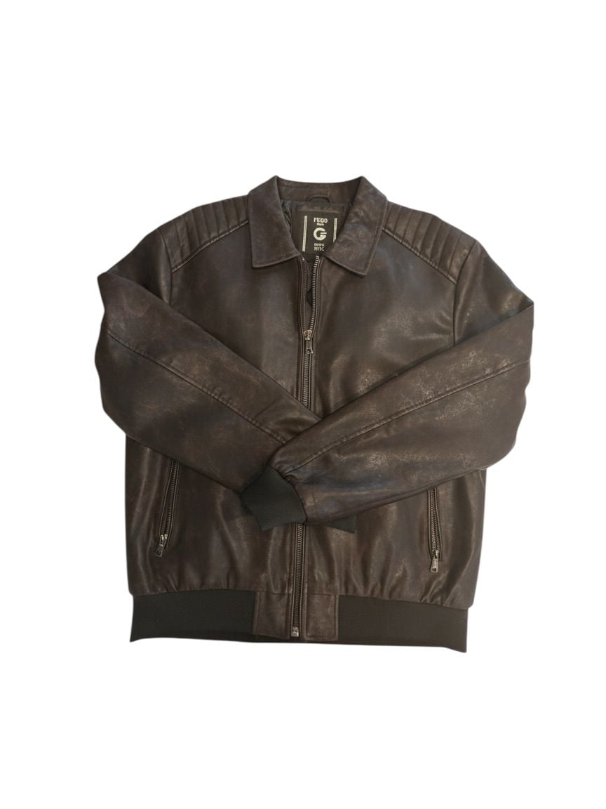 FRIED DENIM Brown Faux Leather Bomber Jacket Size XL 1