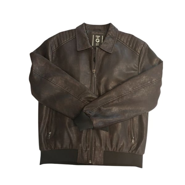 FRIED DENIM Brown Faux Leather Bomber Jacket Size XL