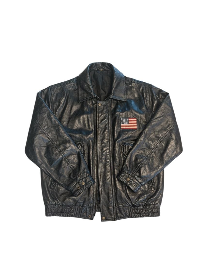 Vintage Genuine Leather Bomber Jacket Size XL God Bless America Eagle Flag 2