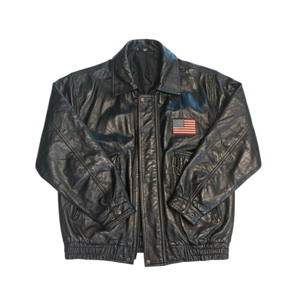 Vintage Genuine Leather Bomber Jacket Size XL God Bless America Eagle Flag