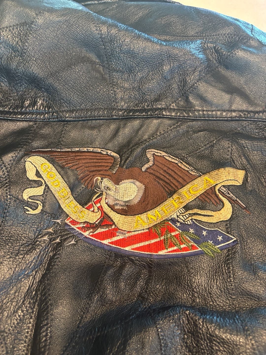 Vintage Genuine Leather Bomber Jacket Size XL God Bless America Eagle Flag 4