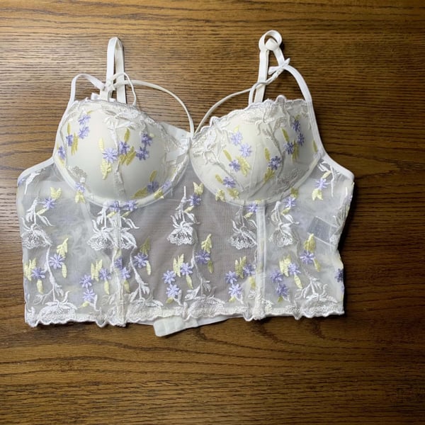 SHEIN Floral Embroidered Sheer Corset Top Underwire Bra