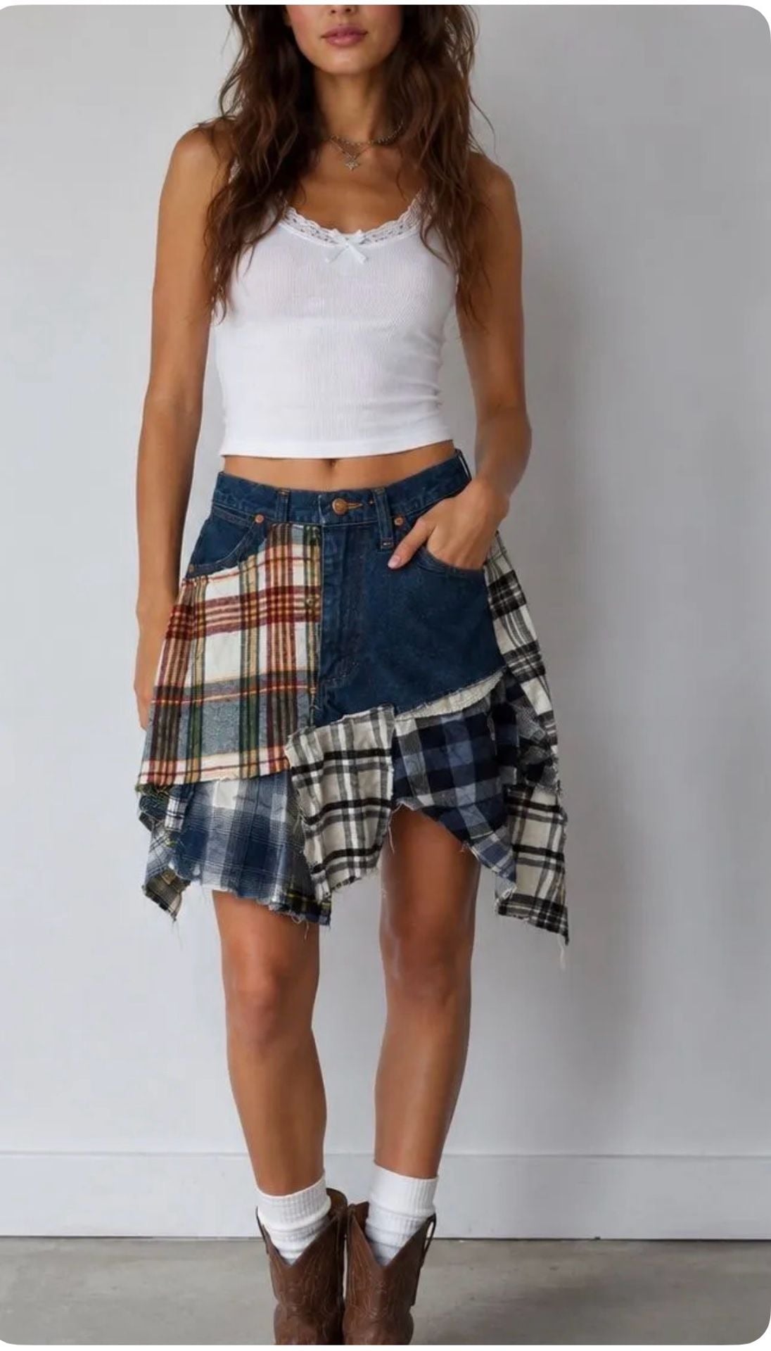 Wrangler ReMADE By UO Spliced Flannel Denim Mini Skirt 2