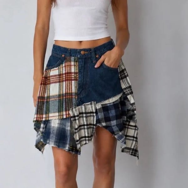 Wrangler ReMADE By UO Spliced Flannel Denim Mini Skirt