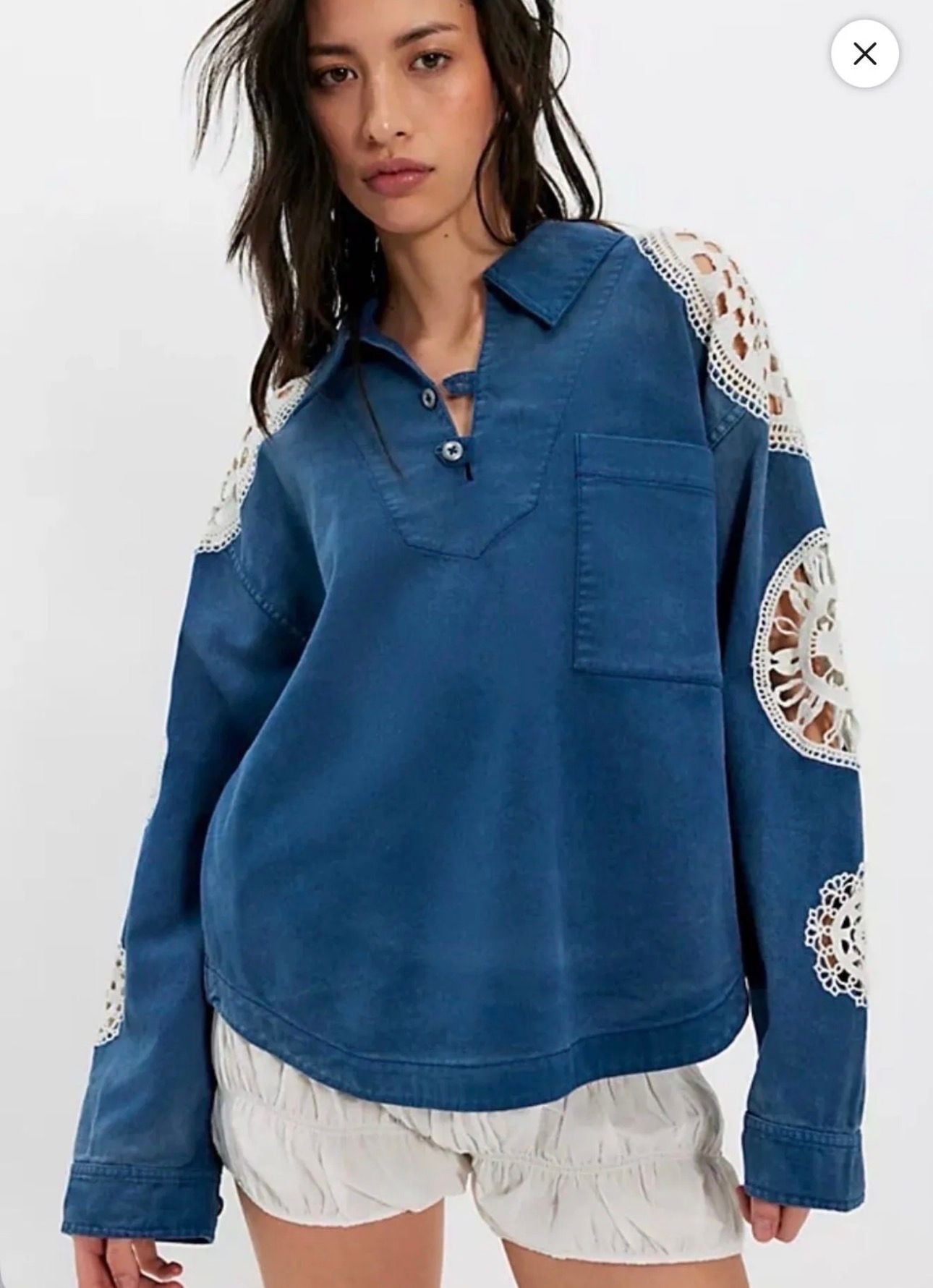 Free People Washed And Crafted Crochet Polo Shirt Blue 2